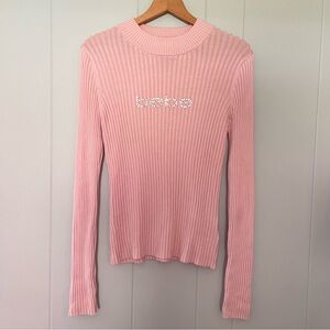 bebe Pink Ribbed Long-Sleeve Sparkle Logo Y2K Aesthetic Sweater Top Size L